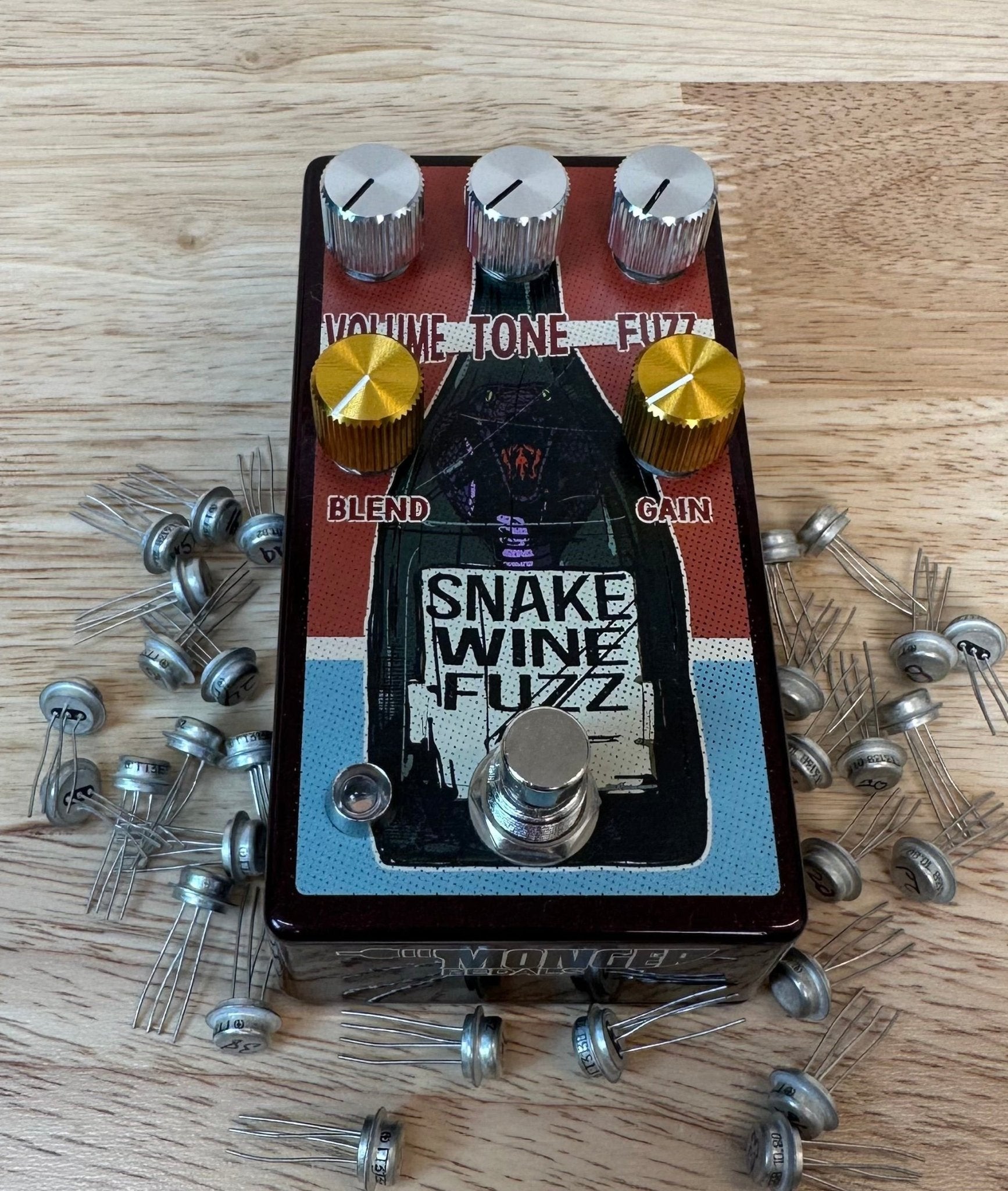 Monger Pedals red Germanium Snake Wine Fuzz  with scattered transistors