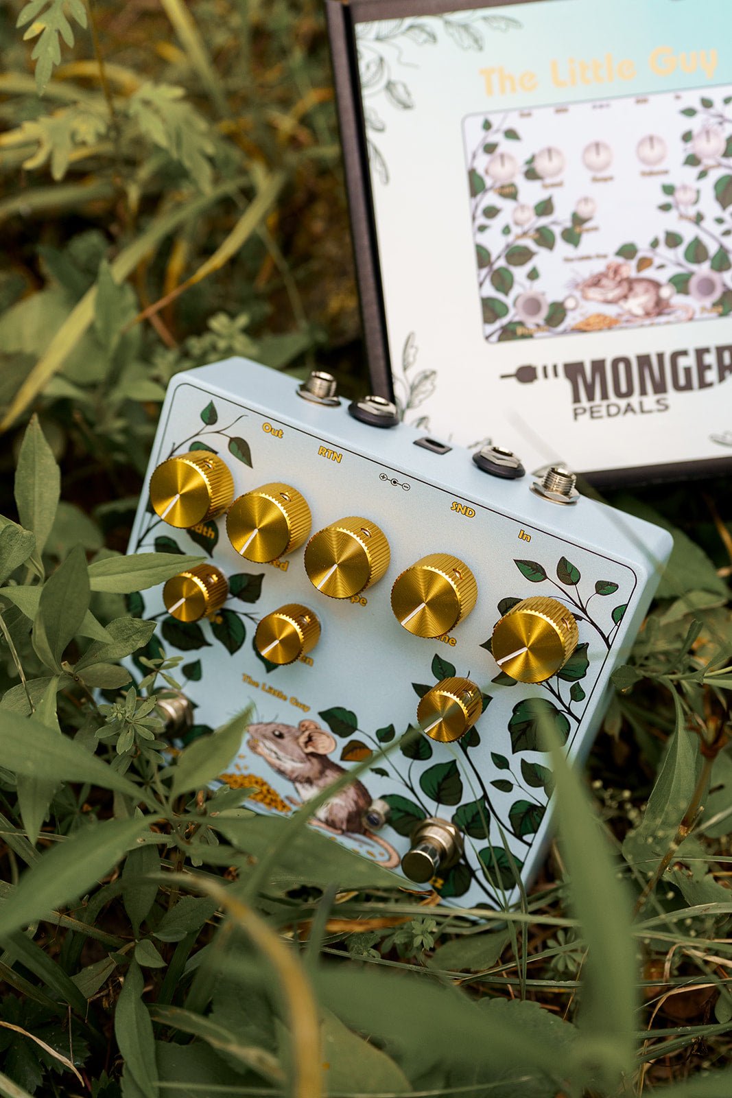 The Little Guy photo in bushes with its packaging